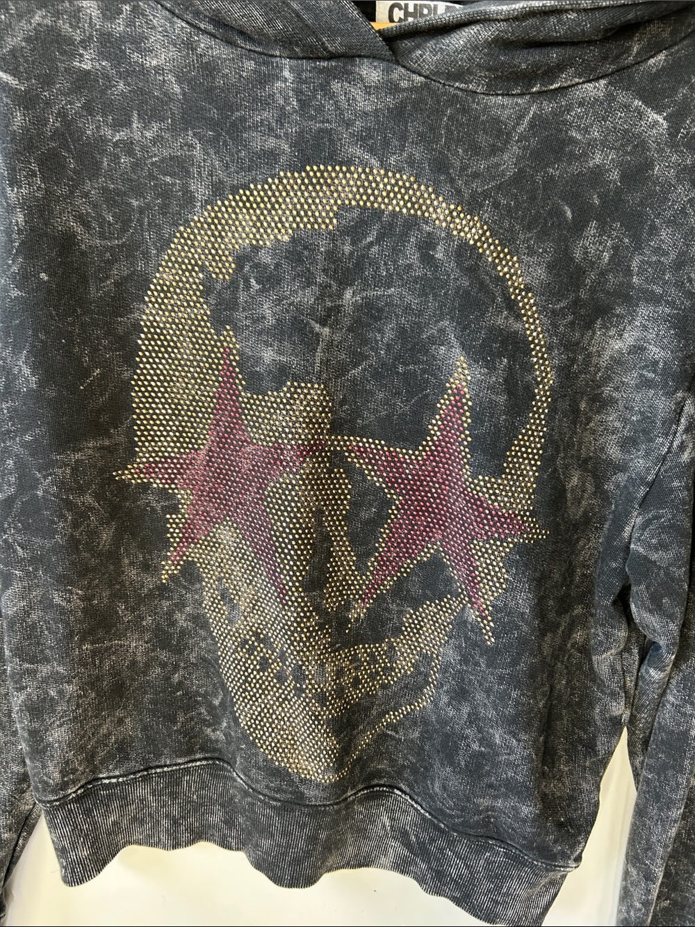 CHRLDR Washed Black Hoodie with Rhinestone Skull and Pink Stars XS